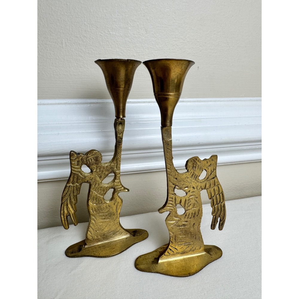 Vintage Brass‎ Angel Candle Holders Set of 2 Trumpet Heralding Angel Brutalist